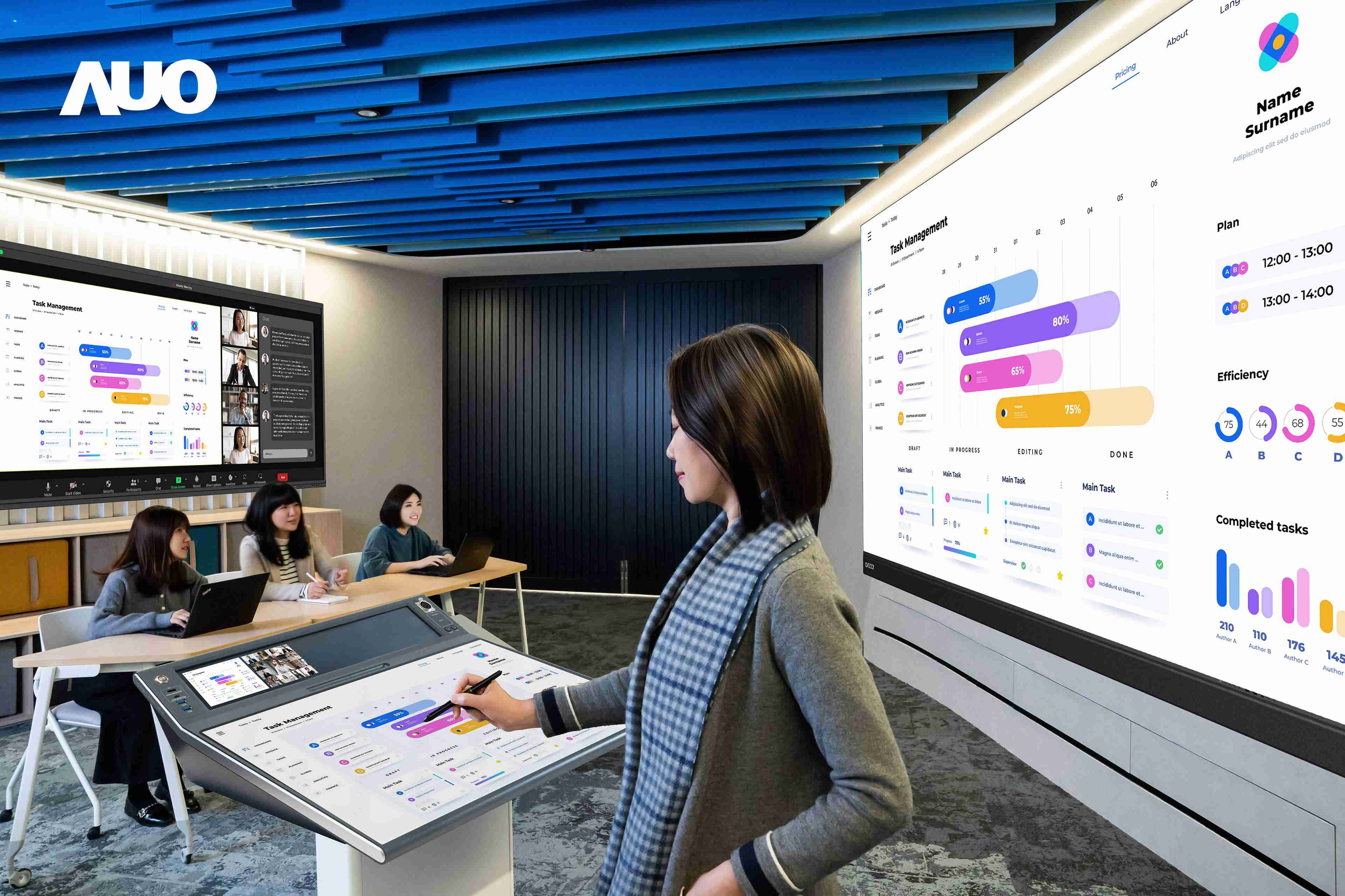 达擎携手Avocor与Rise Vision展示全方位商务领域应用，，，，包含采用模块化设计的138吋一体式All-in-One LED显示器及具21:9超宽比例的92吋交互式电子白板（IFPD），，，讲者可轻松分享内容，，，，有效提升会议协作效率。。。